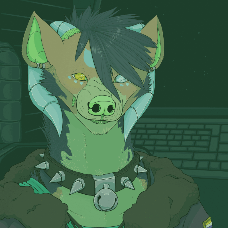 A talking GIF of a hyena-faced monster with horns and a spiked collar. It's smiling and squinting when it talks.